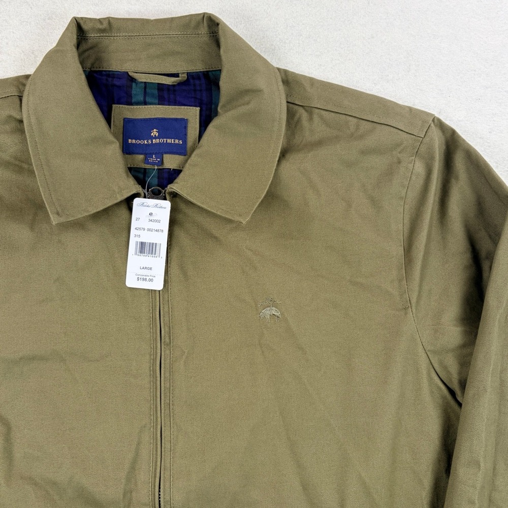 NWT! Brooks Brothers Mens $198 Olive Green Harrington Jacket Plaid Lining Large